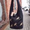 Picture of Linen bag black with golden/red dragonflies